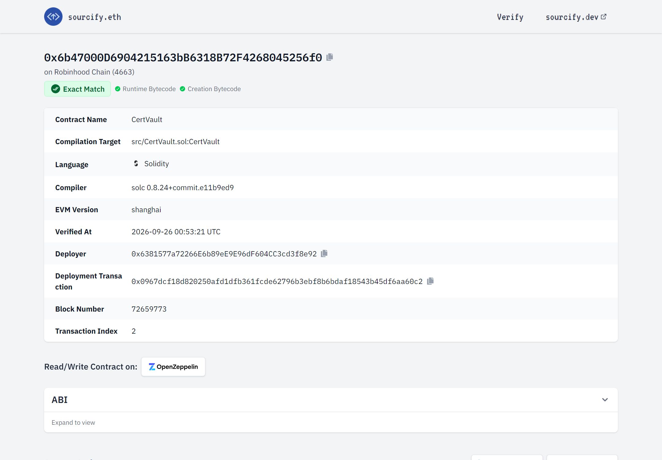 Mainnet's equivalent: the uTSLA vault verified on Sourcify.